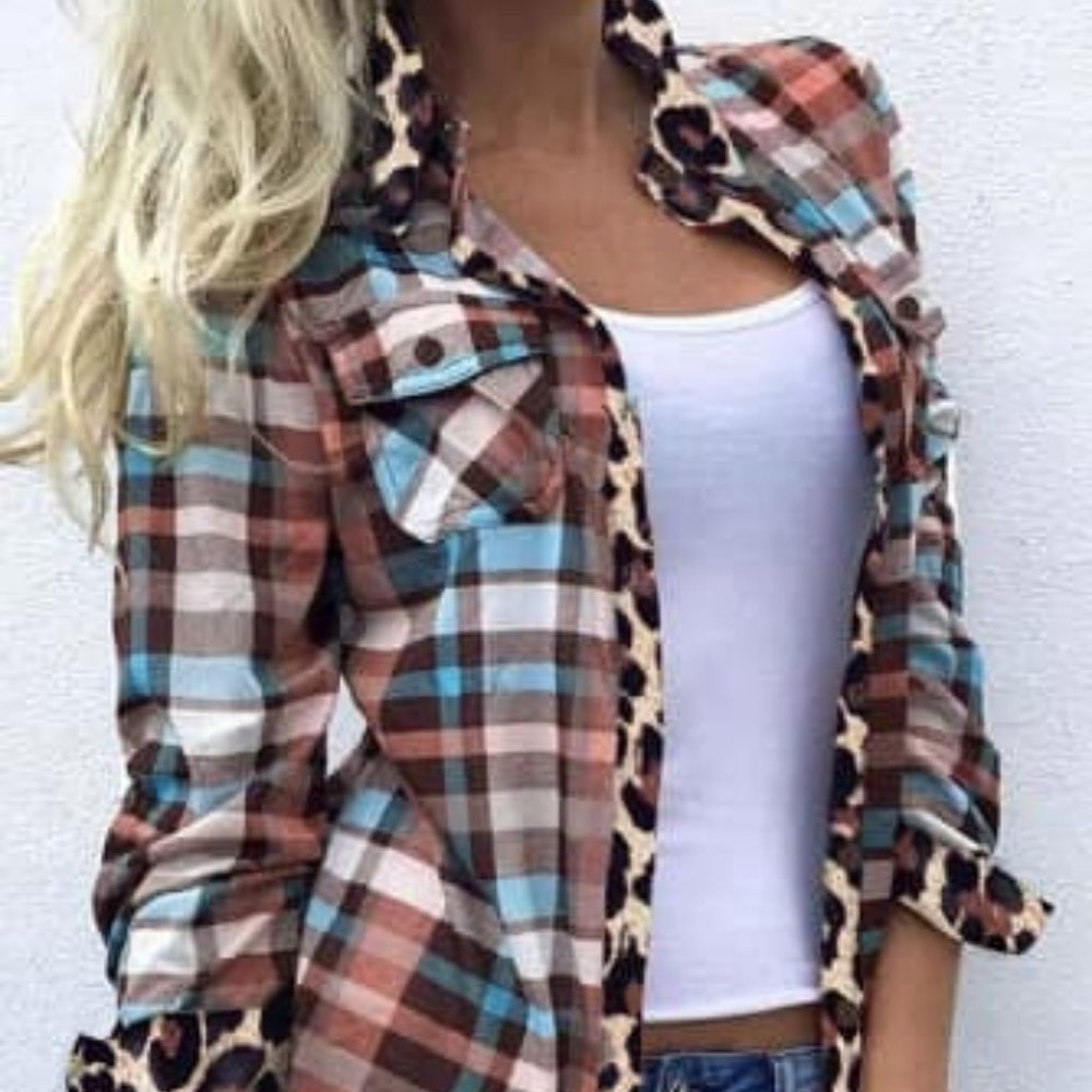 Plaid with Leopard Trim button down top
